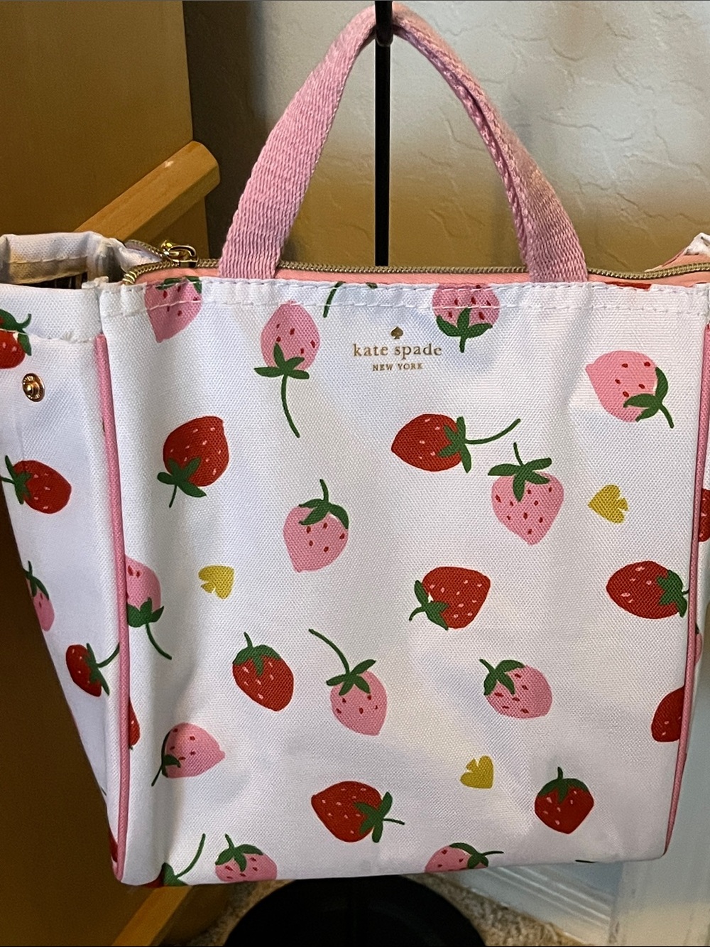 kate spade White Lunch Tote with Pink and Red Strawberry Print
